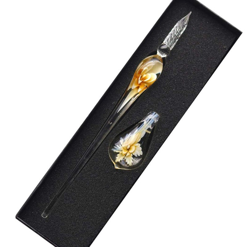 SIPLIV Crystal Glass Intarsia Dip Pen Fountain Pen Kit Vintage Calligraphy Signatures Pen, Yellow - Image 1